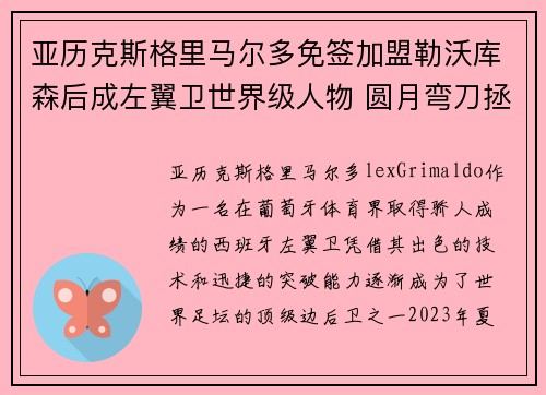 亚历克斯格里马尔多免签加盟勒沃库森后成左翼卫世界级人物 圆月弯刀拯救球队 亚历克斯格里马尔多免签加盟勒沃库森后成左翼卫世界级人物 圆月弯刀拯救球队