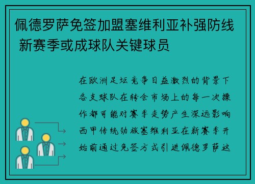 佩德罗萨免签加盟塞维利亚补强防线 新赛季或成球队关键球员 佩德罗萨免签加盟塞维利亚补强防线 新赛季或成球队关键球员
