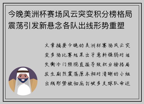 今晚美洲杯赛场风云突变积分榜格局震荡引发新悬念各队出线形势重塑 今晚美洲杯赛场风云突变积分榜格局震荡引发新悬念各队出线形势重塑