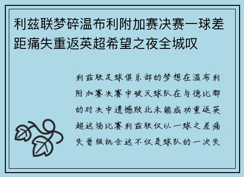 利兹联梦碎温布利附加赛决赛一球差距痛失重返英超希望之夜全城叹